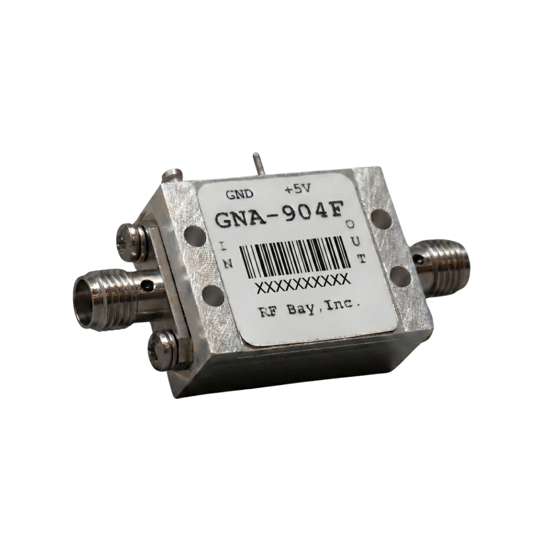 RF coaxial connector block labeled GNA-904F (RF Bay, Inc.) with +5V and GND markings and barcode on a metal housing.