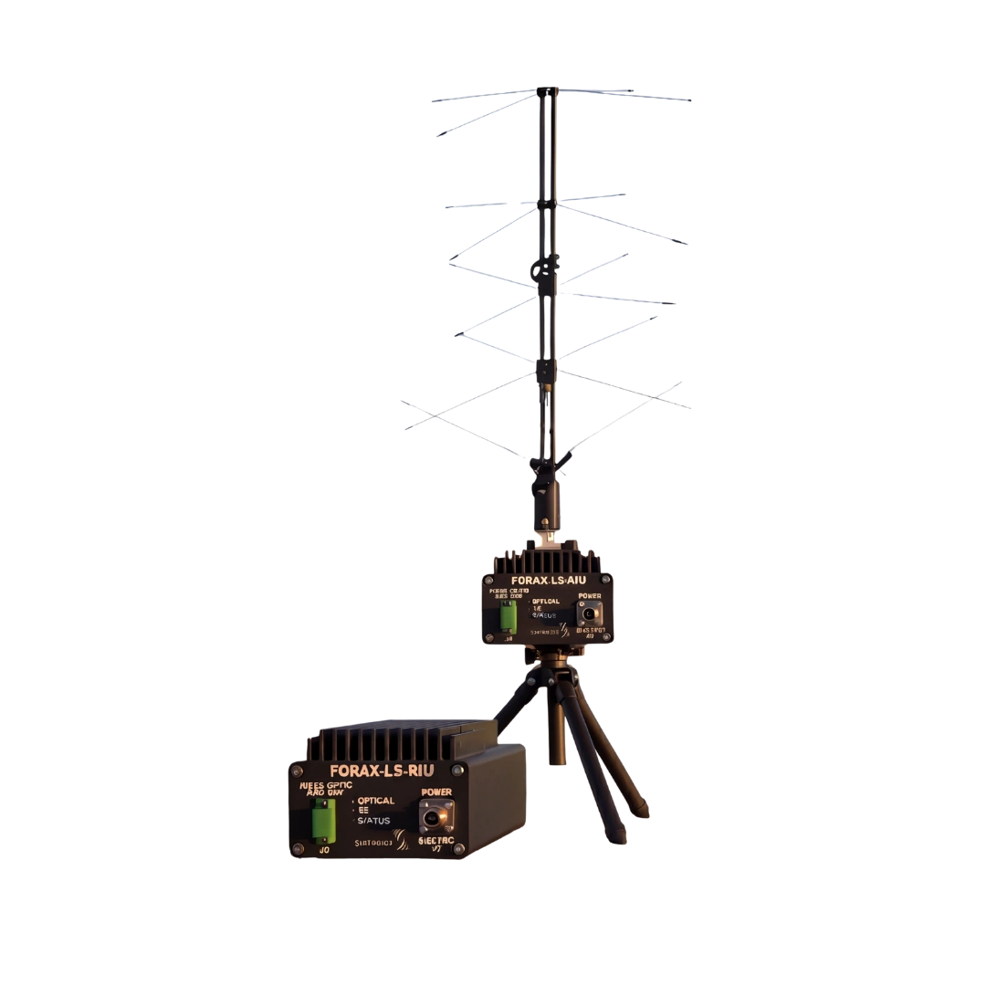Tall vertical collapsible antenna with zigzag arms on a tripod, connected to two control boxes labeled FORAX-LS-RIU (radio equipment)