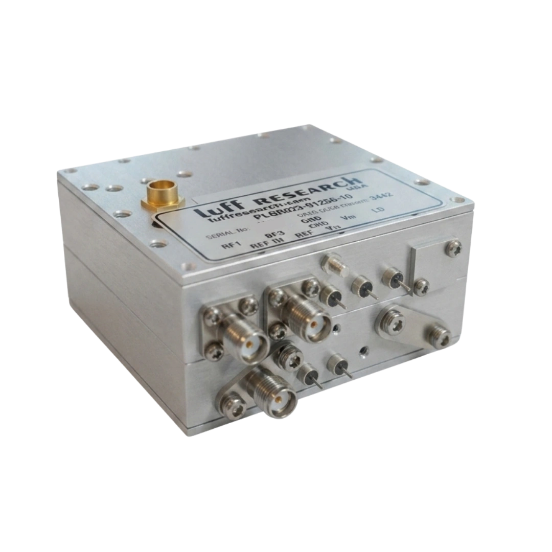 Metal RF research device with multiple coax connectors and a LUFF RESEARCH label on top panel