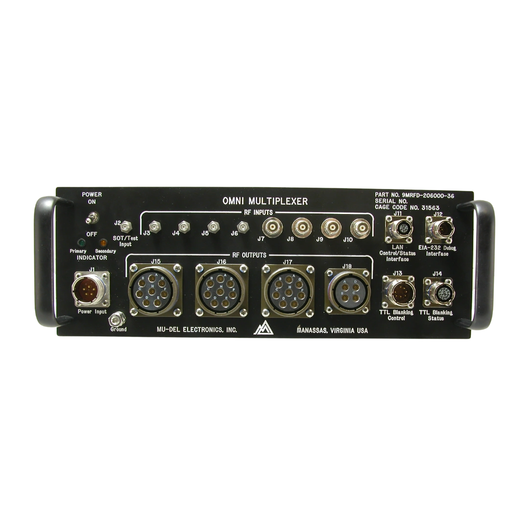 Omni Multiplexer front panel with numerous RF input and output connectors, power switch on the left, ground and power input ports, by MU-DEL Electronics (Manassas, VA).
