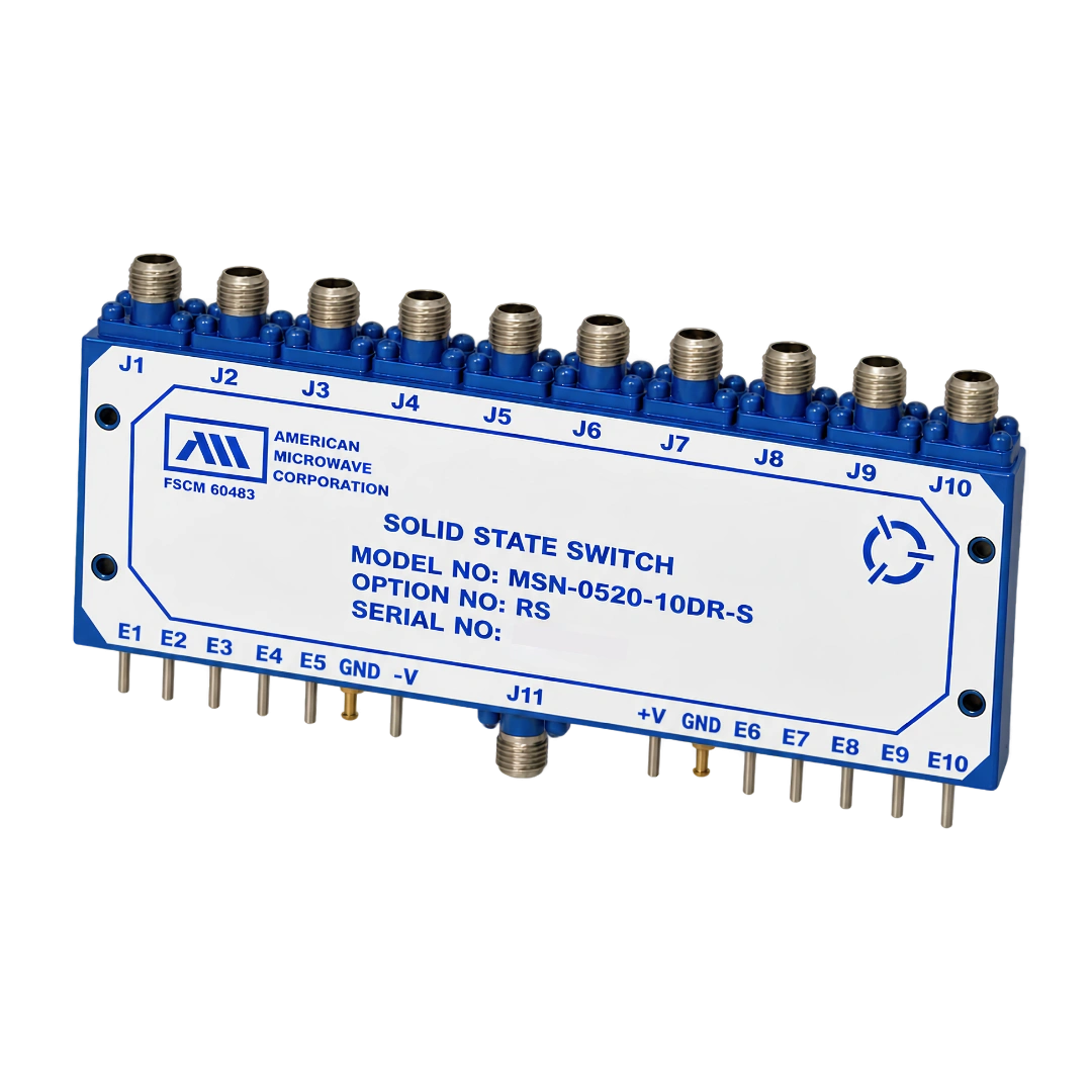 Blue solid-state switch module with multiple threaded connectors on top and pin headers along bottom, labeled J1–J10 and +V/-V, from American Microwave Corporation